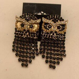 EUC Black & Gold Owl Dangle Rhinestone Fashion Earrings